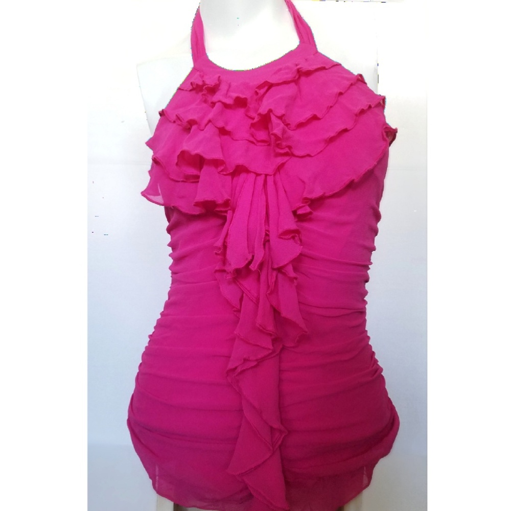 Express 100% Silk Ruffled Halter Hot Pink 0